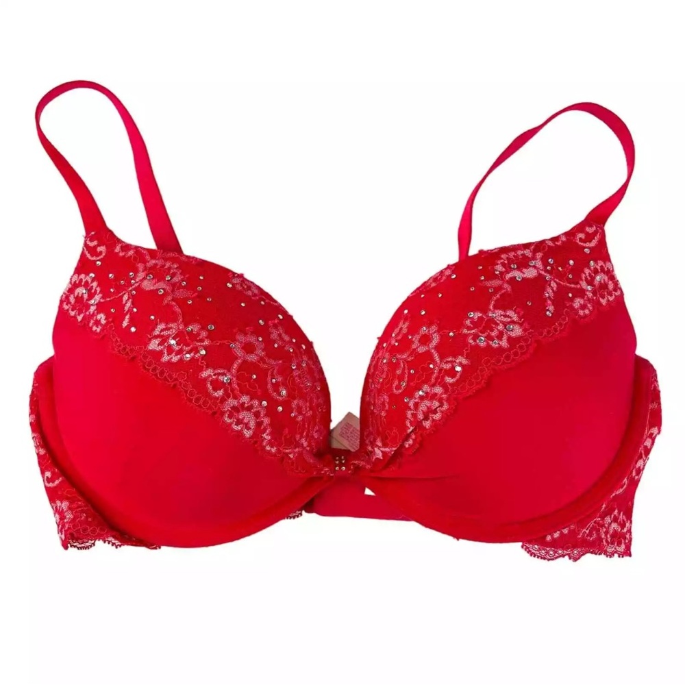 Victoria’s Secret padded Demi lace rhinestone underwire embellished Red Bra 34C